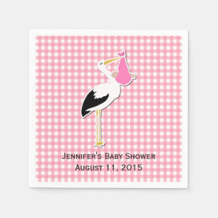 Pink Gingham and Stork Baby Shower Paper Napkins