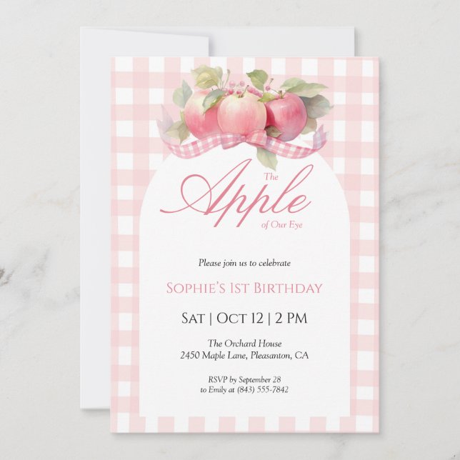 Pink Gingham Apple Birthday Invitation (Front)
