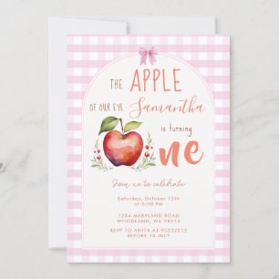 Pink Gingham Apple Watercolor first birthday Invitation