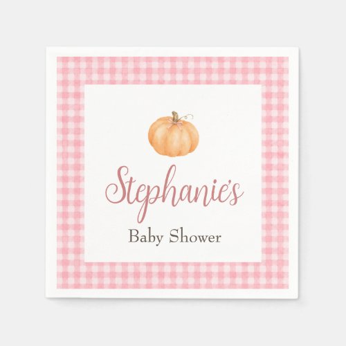 Pink Gingham Autumn Fall Pumpkin Baby Shower Napkins