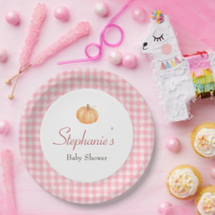 Pink Gingham Autumn Fall Pumpkin Baby Shower Paper Plates
