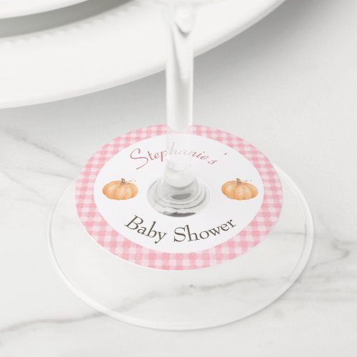 Pink Gingham Autumn Fall Pumpkin Baby Shower Wine Glass Tag