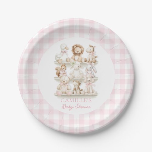 Pink Gingham Baby Animal Baby Shower Paper Plates