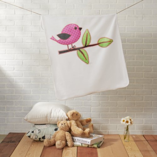 Pink Gingham Baby Bird Embroidery Leaves Baby Blanket