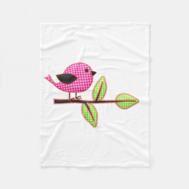 Pink Gingham Baby Bird Embroidery Leaves Fleece Blanket (Front)