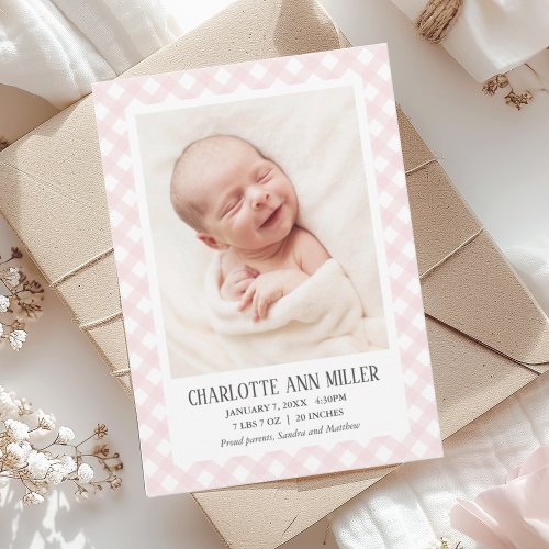 Pink Gingham Baby Birth Announcement Photo Card