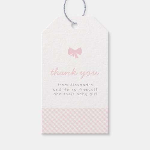 Pink gingham baby bow baby shower gift tags