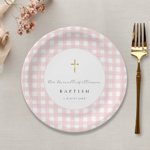 Pink Gingham Baby Girl Baptism Paper Plates