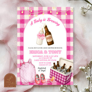 Pink Gingham Baby Is Brewing Beer Coed Baby Shower Invitation