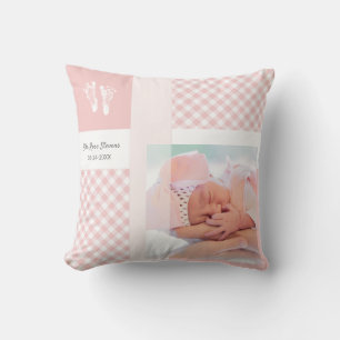 Pink Gingham Baby Photo Birth Announcement Throw Pillow