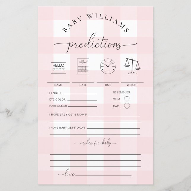 Pink Gingham Baby Predictions Game (Front)