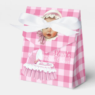 Pink Gingham Baby & Ruffled Bassinet Favor Boxes