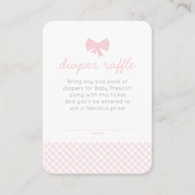 Pink gingham baby shower diaper raffle ticket enclosure card (Front)