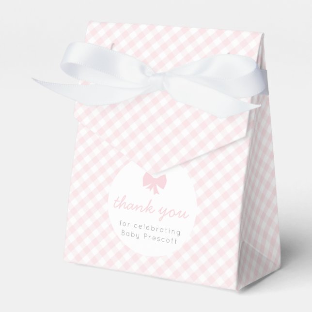 Pink gingham baby shower favor boxes (Front Side)