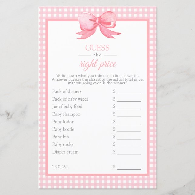 Pink Gingham Baby Shower Guess the price game (Front)