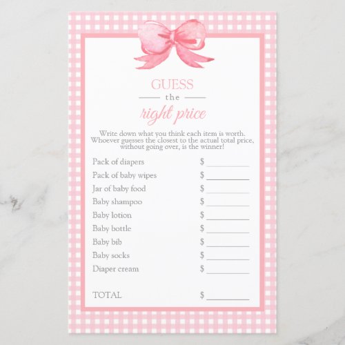 Pink Gingham Baby Shower Guess the price game