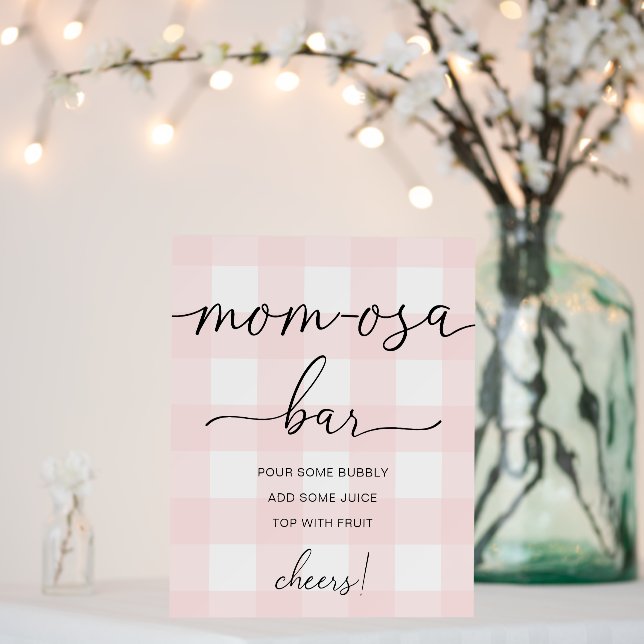 Pink Gingham Baby Shower Mom-osa Bar Sign (In Situ (Wedding))