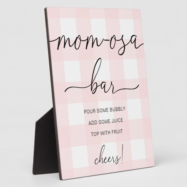 Pink Gingham Baby Shower Mom-osa Bar Sign Plaque (Side)