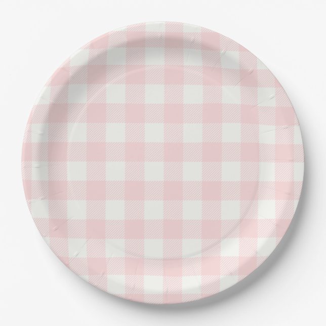 Pink Gingham Baby Shower Paper Plates (Front)