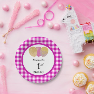 Pink Gingham & Balloons 1st Birthday Paper Plates