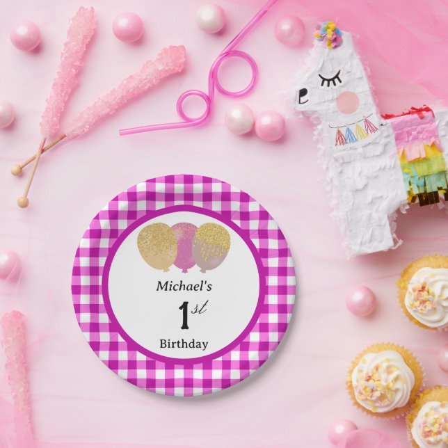 Pink Gingham & Balloons 1st Birthday Paper Plates (Party)