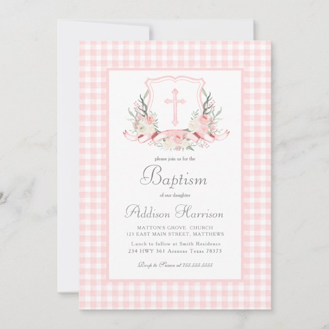 Pink Gingham Baptism Invitation, Girl Baptism Invitation (Front)