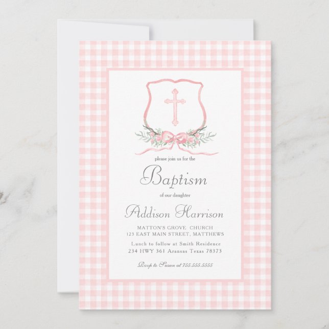Pink Gingham Baptism Invitation, Girl Baptism Invitation (Front)