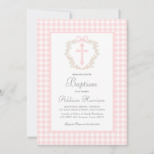 Pink Gingham Baptism Invitation, Girl Baptism Invitation