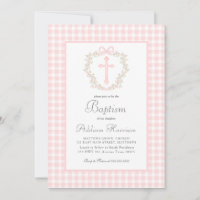 Pink Gingham Baptism Invitation, Girl Baptism