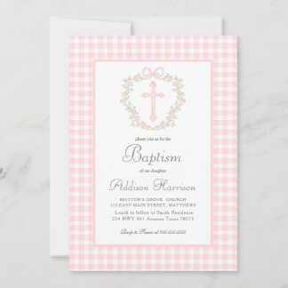 Pink Gingham Baptism Invitation, Girl Baptism Invitation