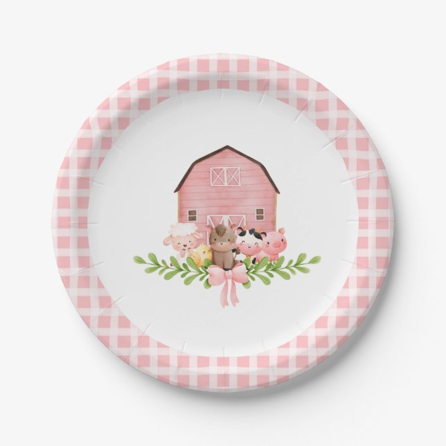 Pink Gingham Barnyard Birthday Paper Plates (Front)