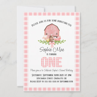 Pink Gingham Barnyard First Birthday Invitation