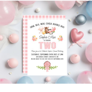 Pink Gingham Barnyard Second Birthday Invitation