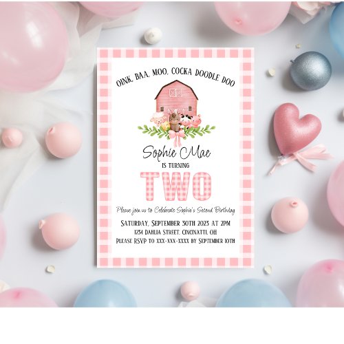 Pink Gingham Barnyard Second Birthday Invitation