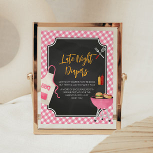 Pink Gingham BBQ Baby Shower Late Night Diapers Poster