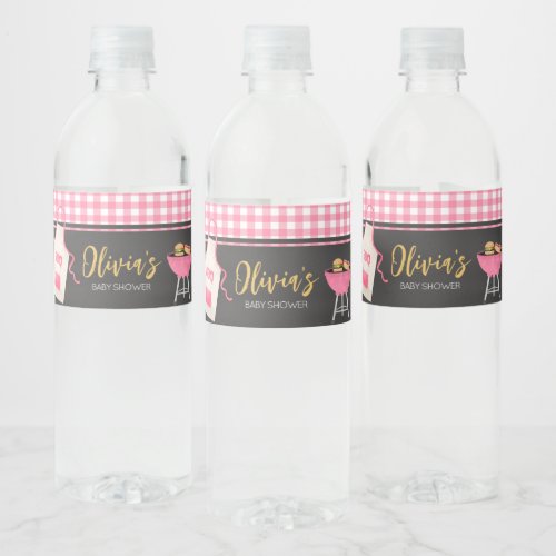 Pink Gingham BBQ Baby Shower  Water Bottle Label