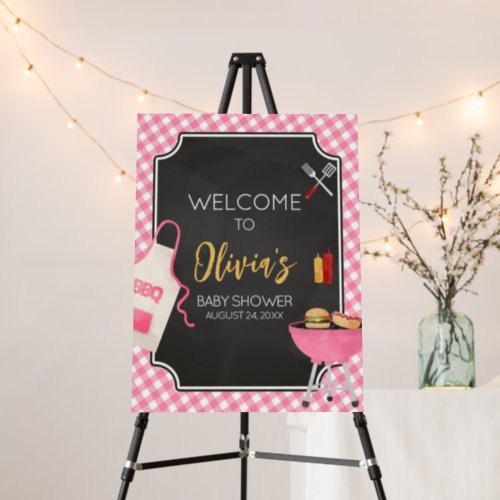 Pink Gingham BBQ Baby Shower Welcome Sign