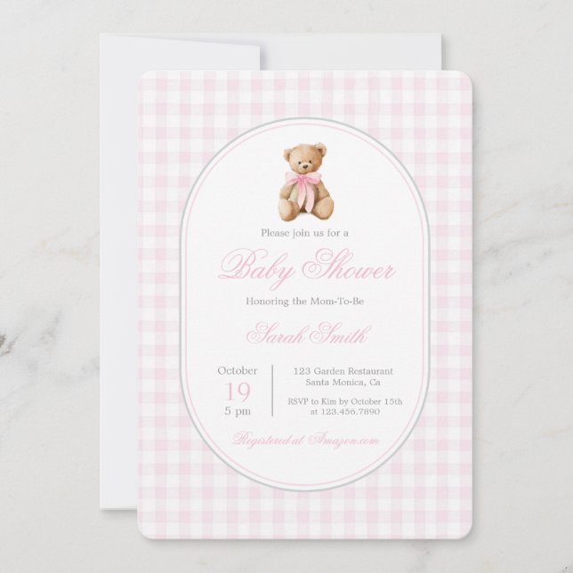 Pink Gingham Bear Baby Shower Girl Invitation (Front)