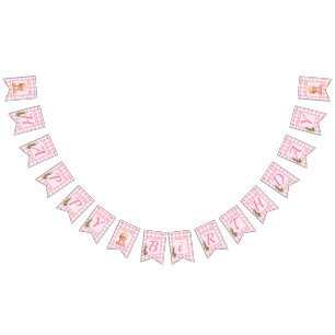 Pink Gingham Bear Cub Happy Birthday Bunting Flags
