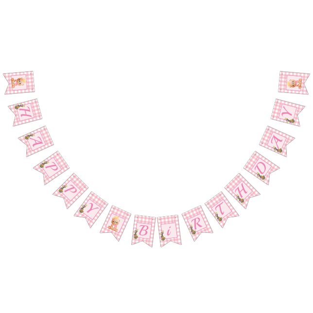Pink Gingham Bear Cub Happy Birthday  Bunting Flags (All)