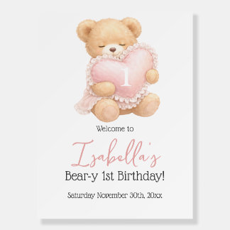 Pink Gingham Bear-y 1st Birthday Girl Welcome Foam Board