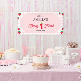 Pink Gingham "Berry 1st Birthday" Welcome Banner
