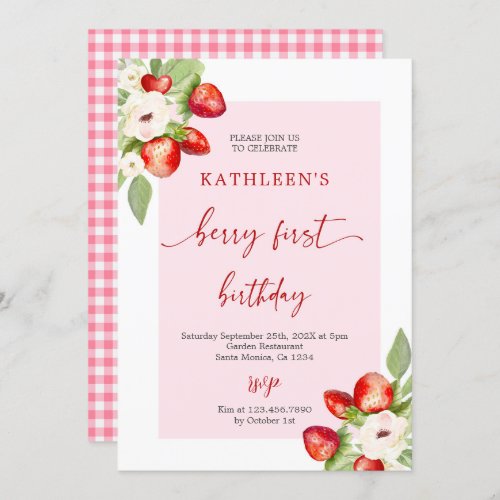 Pink Gingham Berry First Birthday Girl Invitation