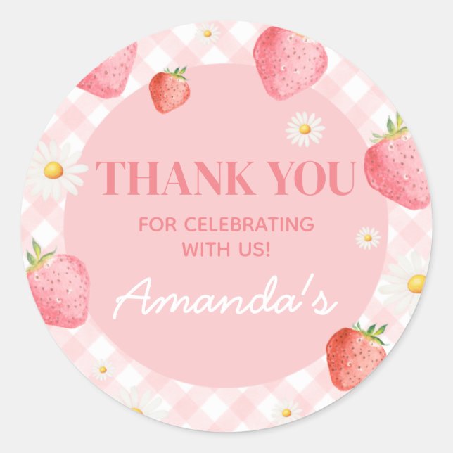 Pink Gingham Berry First Birthday Party Classic Round Sticker (Front)