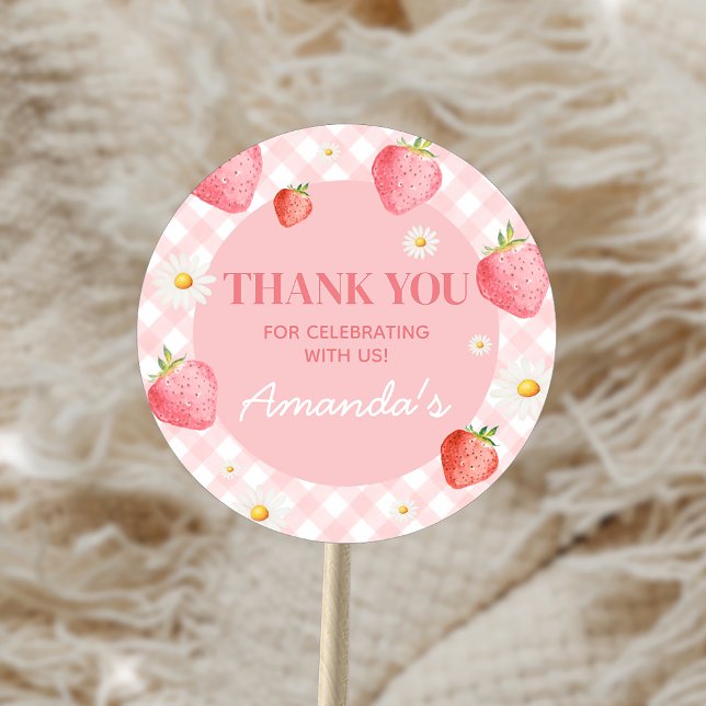 Pink Gingham Berry First Birthday Party Classic Round Sticker (Creator Uploaded)