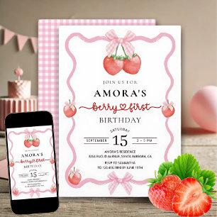 Pink Gingham Berry First Birthday Party Invitation