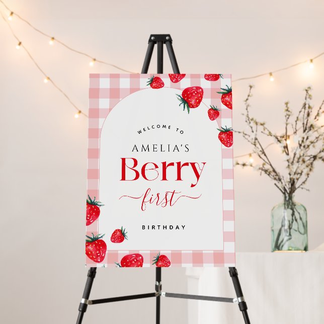 Pink Gingham Berry First Birthday Strawberry Girl Foam Board (In Situ (Stand))