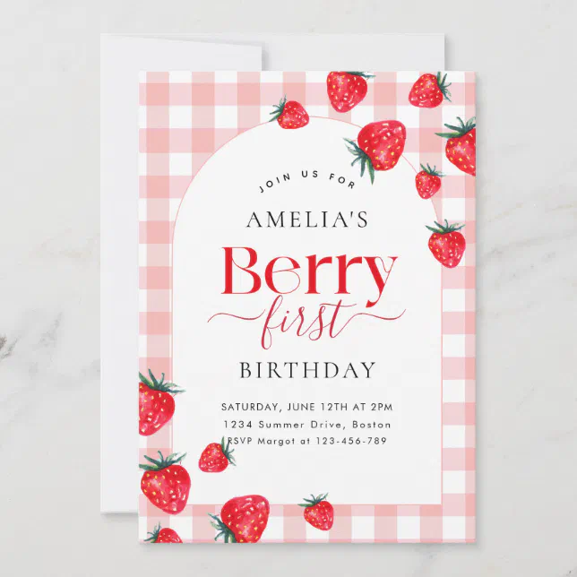 Pink Gingham Berry First Birthday Strawberry Girl Invitation | Zazzle