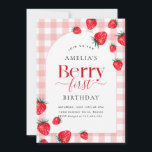 Pink Gingham Berry First Birthday Strawberry Girl Invitation<br><div class="desc">Cute Pink Gingham Berry First Birthday Invitation Template,  Berry First Birthday Invitation,  Berry First Birthday.</div>