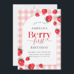 Pink Gingham Berry First Birthday Strawberry Girl Invitation<br><div class="desc">Cute Pink Gingham Berry First Birthday Invitation Template,  Berry First Birthday Invitation,  Berry First Birthday.</div>